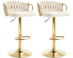 Luxe Barkrukken - Set van 2 - Draaibaar - Verstelbaar - Wave - Gevlochten Design - Velvet Fluweel - Beige - Goud