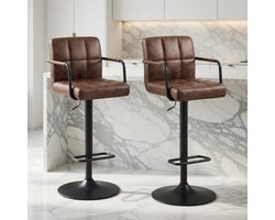 Luxe Barkrukken Set van 2 – In Hoogte Verstelbare Barstoelen 360° Draaibaar – Ergonomische Keuken- en Eetkamerstoelen met Armleuningen, Rugleuning, Voetensteun – PU Kunstleer Donkerbruin – Moderne Barkrukken voor Keuken, Bar, Woonkamer Vita Interior