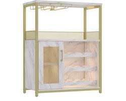Luxe Barmeubel met Wijnrek & Glazenhouder - Industrieel Koffiecorner - Marmer Look & Goud - 70cm Breed - Buffetkast met Verstelbare Planken
