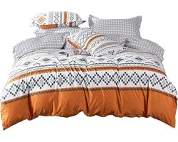 Luxe Bedlinnen Set van 4 Stukken met Modern Geometrisch Ontwerp in Wit, Oranje en Grijs, Ideaal voor een Warm en Comfortabel 105 cm Bed