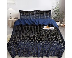 Luxe bedsprei set - Set van 3 stuks - Bedsprei 200x230 - Kussensloop 2x 50x70 - Donkerblauw met goud geruiten design