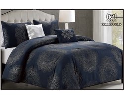 Luxe bedsprei set - Set van 5 stuks - Bedsprei 240x260 - Kussensloop 2x 50x70 - 2 decoratieve kussens - Donkerblauw met zilver