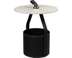 Luxe Bijzettafel – Bijzettafels - Stenen Blad - Leren Mand – Zwart – Ø45cm