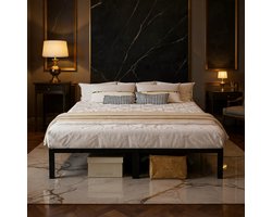 Luxe BlackSteel 140x200 cm Metalen Tweepersoons Bedframe – Robuust Stalen Lattenbodem Bed met Stil Design, Opbergruimte & Eenvoudige Montage – Modern Industrieel Slaapkamer Bed - House & Garden