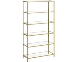 Luxe Boekenkast – Open Opbergkast - Hoge stellingkast - Goudkleurig Staal & Gehard Glas - 6 Lagen – 30x80x177,3 cm