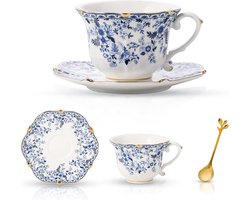 Luxe Bone China Theekop en Schotel Set - 3 Delig Engels Vintage Servies voor Dames