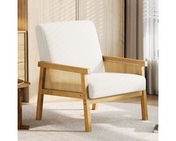Luxe Bouclé Fauteuil met Rotan Armleuningen - Houten Frame & Hoge Rugleuning - Bohemian Leesstoel voor Woonkamer en Slaapkamer
