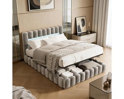 Luxe Boxspring 180x200 met Opbergruimte & Hydraulisch Liftmechanisme – Gestoffeerd Bed met RGB LED Verlichting, USB Poorten & Lattenbodem – Modern Design Bedframe Metaal & Stof – Grijs | Mobili Bella
