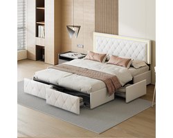 Luxe Boxspring Bed 160x200 cm met 4 Opberglades en LED Verlichting - Beige Wit