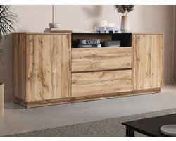 Luxe Buffetkast CEMILINA – Modern Dressoir met 2 Deuren, 2 Lades & Open Nis – Naturel Hout & Zwart – Scandinavisch Industrieel Design Medahomestore