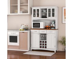 Luxe Buffetkast met Wijnrek – Hoge Keukenkast met 3 Lades, 4 Kastdeuren & Verstelbare Planken – Vitrine met Gehard Glas – Opbergkast voor Keuken & Woonkamer – 112×43×185 cm – Wit – Novihome