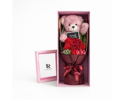 Luxe Cadeau box met Teddy beer en Rode Rozen – Geschenkset – Valentijn Cadeau – Roze Doos