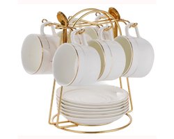 Luxe Cappuccino Kopjes Set – 6 Porseleinen Thee- En Koffiekopjes Met Schotels – Elegante Witte Servies Set Met Gouden Rand – Koninklijke Koffiekop Met Handvat – 150 ml