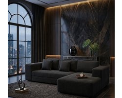 Luxe Cloud Boneless Hoekbank met Chaise Longue en Opbergvak – Corduroy Slaapbank met Neksteunen en Bekerhouder – Diepe Zitting – Zwart – Casa Serena