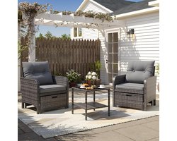 Luxe Compacte Polyrattan Loungeset 5-Delig met Krukjes en Glazen Tafel (62x62x44 cm) – Weerbestendige Tuinset met Dikke Kussens voor Balkon, Terras en Tuin – Grijs