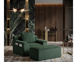 Luxe Corduroy Slaapstoel met Verstelbare Voetenbank, Zijdelingse Opbergvakken en Ergonomische Kussens – 2-Zits Boneless Bank voor Woonkamer en Slaapkamer, Geen Montage Nodig (Groen, 147 x 110 x 67 cm) - Casa Serena