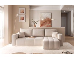 Luxe Crèmekleurige Hoekbank met Slaapfunctie en Bedbox – 3-Zits L-Shape Slaapbank met Opbergruimte, Verwisselbare Ottomane & Golfvering – Moderne Comfortabele Sofa 145x248 cm