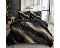 Luxe Dekbedovertrekset 220x240 cm Zwart Goud Marmer Patroon Inclusief Kussenslopen