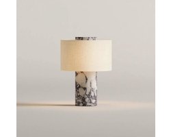 Luxe Design Lamp met Stoffen Kap- Tafellamp met Marmeren Voet – draadloos – Wit/Natuursteen - japandi lamp - marmeren lamp