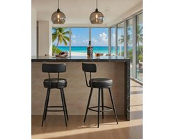 Luxe Draaibare Barkrukken Set van 2 – Moderne Kunstleren Barstoelen met Rugleuning, 360° Draai, Comfortabel Zitkussen, Stabiele Metalen Poten, Hoogte 65 cm – Keuken, Huisbar, Woonkamer, Mid-Century Modern Design – Inktzwart Casa Serena