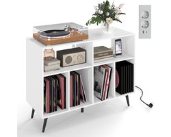 Luxe Draaitafel Standaard met Laadstation & Vinyl Opbergplanken – Platenspeler Kast met USB & Type-C Aansluiting, 4 Planken & 5 Metalen Poten – Houten Audio Meubel voor Woonkamer of Muziekkamer – 100x40x74,5 cm