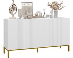 Luxe Dressoir Modern Design – Witte Opbergkast met Gouden Frame – 140 x 40 x 75 cm – Buffetkast met 4 Deuren en Verstelbare Planken – Elegante Woonkamer- en Keukenkast