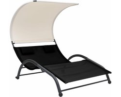 Luxe Dubbel Zonne-eiland met Zonnedak – Tweepersoons Ligbed van Gevlochten Textiel en Alloy Steel Frame – Weerbestendige Tuin Lounger voor Binnen & Buiten – Zwart
