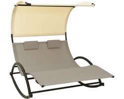Luxe Dubbele Daybed Ligstoel Met Schommel & Luifel – Comfortabele Taupe-Crème Zonnebank Van Textilene Voor Tuin - Terras & Patio