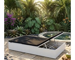 Luxe Dubbele Ligstoel 194x120x31 cm met Verstelbare Rugleuning & Wasbare Kussens – Poly Rattan Zonnelounger voor Tuin, Terras & Balkon – Zwart/Wit – Casa Dorada