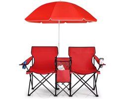 Luxe Dubbele Strandstoel met Verstelbare Parasol - Duo Klapstoel met Geïntegreerde Koelbox - Opvouwbaar & Lichtgewicht - Perfect voor Strand, Tuin of Camping - Rood