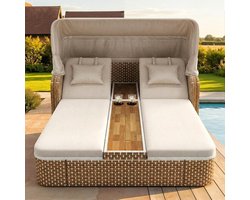 Luxe Dubbele Sun Island Parasol Ligbed met Zonneluifel en 5 cm Dikke Kussens – 2-Persoons Rotan Tuin Lounger 192x160x137 cm Weerbestendig Outdoor Beige