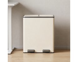 Luxe Duo Prullenbak 60L – 2 x 30 Liter Keuken Afvalemmer met Pedaal & Soft Close – Dubbele Recycling Prullenbak met Uitneembare Binnenemmers, Geurafsluiting, Stijlvol Crème Design & Inclusief 15 Afvalzakken Ganeey