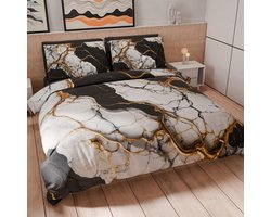 Luxe Eenpersoons Beddengoedset 160x200 cm met Kussensloop - Zacht Microvezel met Zwart Marmer Print