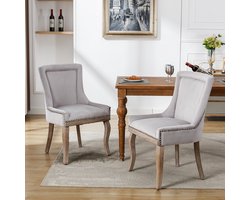 Luxe eetkamerstoel (Keukenstoel woonkamerstoel, 2 stuks), gestoffeerde stoel met nagelkopversiering, massief houten poten, bekleding van fluweel, grijs