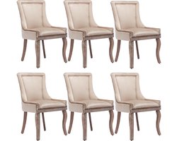 Luxe eetkamerstoel (Keukenstoel woonkamerstoel, 6 stuks), gestoffeerde stoel met nagelkopversiering, massief houten poten, bekleding van fluweel, beige