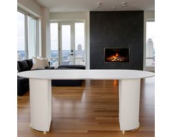 Luxe Eettafel – Marmeren Look – Staal & Steen – 180x90 cm – 4 Personen – Ovale Design Tafel – Wit/Goud