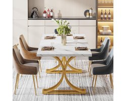 Luxe Eettafel voor 4 tot 6 Personen – Moderne Keukentafel 160x80 cm met Kunstmarmeren Tafelblad & Gouden Metalen Poten – Grote Ronde Eettafel voor Eetkamer van Keuken – Elegant Wit & Goud Design – Meda Home Store