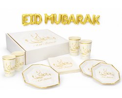 Luxe Eid Mubarak Versiering Set, Wit Goud Decoratie met Ballonnen, Bordjes, Bekers, Servetten en Taartdoos, Complete Eid Feestset