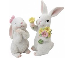 Luxe en Sfeervolle Decoratieve hazenset van polyhars - paasdecoratie - set van 2, wit/roze - paasdecoratie en lentedecoratie voor tafel, vensterbank en rek– Stijlvolle Paas- en Lentedecoratie voor Binnen en Buiten met Hoogwaardige Afwerking