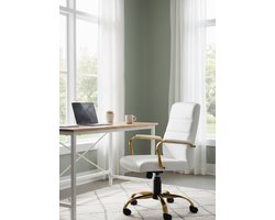 Luxe Ergonomische Bureaustoel met Armleuningen – Verstelbare Draaistoel met Wielen – Comfortabele Directiestoel – Kunstleren Werkstoel – Belastbaar tot 130 kg – Wit/Goud Depauwwonen
