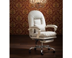 Luxe Ergonomische Bureaustoel met Voetsteun – Verstelbare Comfort Stoel van PU Leer – 155° Kantelbare Rugleuning – Brede Zitting – Moderne Cosmetische & Computerstoel met Wielen – 150 kg Draagkracht – Beige –