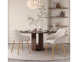 Luxe Ergonomische Eetkamerstoel met Armleuningen Set van 4 Beige Polyester Bekleding – Comfortabele Gestoffeerde Design Stoel met Houten Poten en Stabiele IJzeren Schijf Basis 57,5D x 63B x 82H cm