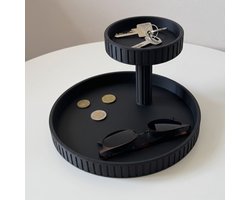 Luxe Etagère Organizer 2-Laags – Modern Geribbeld Sleutelbakje & Sieraden Display | Mat Zwart | 23 cm
