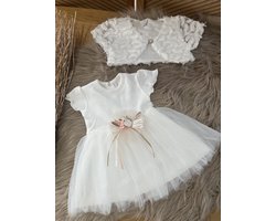 luxe feestjurk met korte mouwen-bruidsjurk-doopkleding-tule jurk met jasje-blaadjesmotief-baby jurk-tweedelige set- katoenen jurk met steentjes en bloem-bruidsmeisjes-doopsel-bruiloft-verjaardag-fotoshoot- wit ivoor kleur - maat 74 - 6 tem 9 maanden