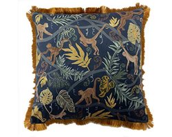 Luxe Fluweel Sierkussen 50x50 Donkerblauw met Tropische Print van Apen en Bladeren