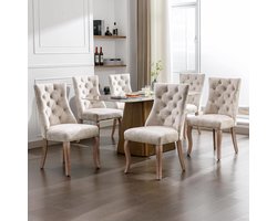 Luxe Fluwelen Eetkamerstoelen Set van 6 – Lichtbeige Stoelen met Hoge Rugleuning, Knoopstiksel & Massief Houten Poten – Comfortabele Design Stoelen voor Eetkamer of Woonkamer – Novihome