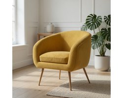 Luxe Fluwelen Fauteuil Mosterd – Design Armstoel met Geplooide Rug & Gouden Poten – Velvet Lounge Stoel 70x75x78 cm – Ganeey