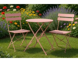 Luxe Franse Bistro Tuinset 3-delig inklapbaar – Balkonset met 2 Vouwstoelen & Ronde Metalen Tafel – Roestbestendige Vintage Tuinmeubelen voor Balkon, Terras & Tuin – Roze – IndustroHome