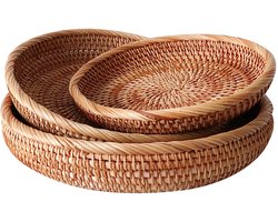 Luxe fruitschaal - driedelige set - handgemaakte fruitschaal - rotan fruitmand - rond geweven gedroogde fruitschaal voor in de woonkamer