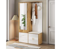 Luxe Garderobeset in Wit & Houtlook – Met Spiegel, Schoenenkast, Schoenenbank, Haken en Uittrekbare Kledingstang – Complete Halmeubelset met Veel Opbergruimte